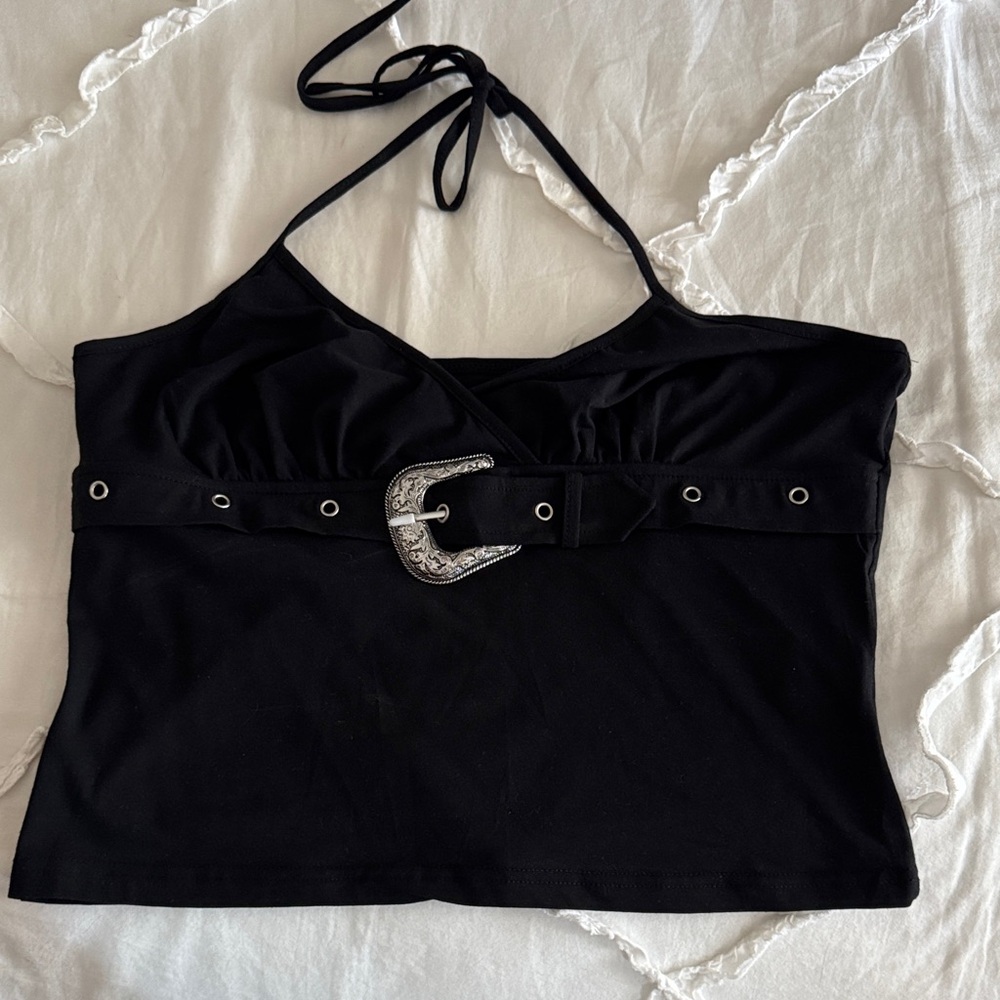 ROMWE Black Halter Tank Top with Silver Buckle